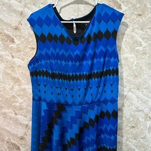 R&K Fit & Flare Dress‎ Blue Black Geometric Print Sleeveless XL